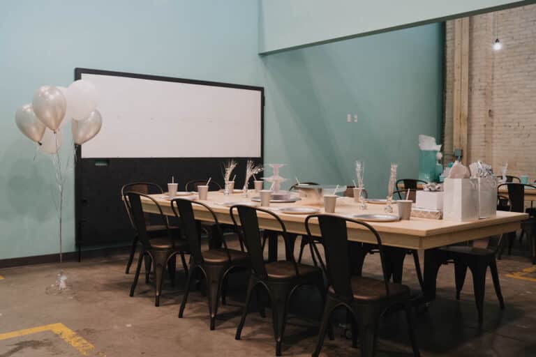 A table is decorated for a party in the Gravity Lab party rooms.